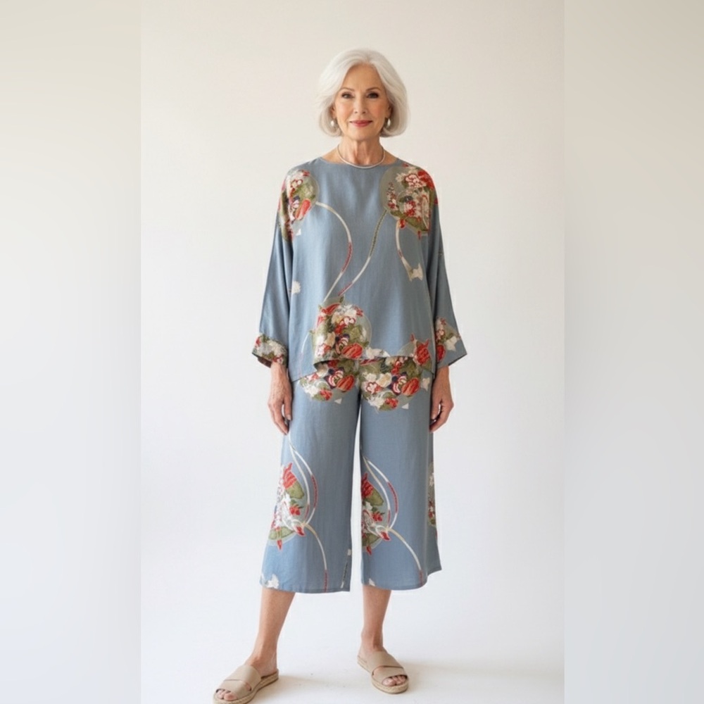 GORGEOUS CITRON SANTA MONICA LINEN FLORAL PANTS WIDE-LEG LAGEN-LOOK ART TO‎ WEAR